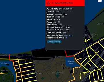 Map interface showing pipeline asset details with risk ratings, highlighting a 27-inch material Wildfire Clay Pipe with highest risk, recommended action Milling/Cutting.