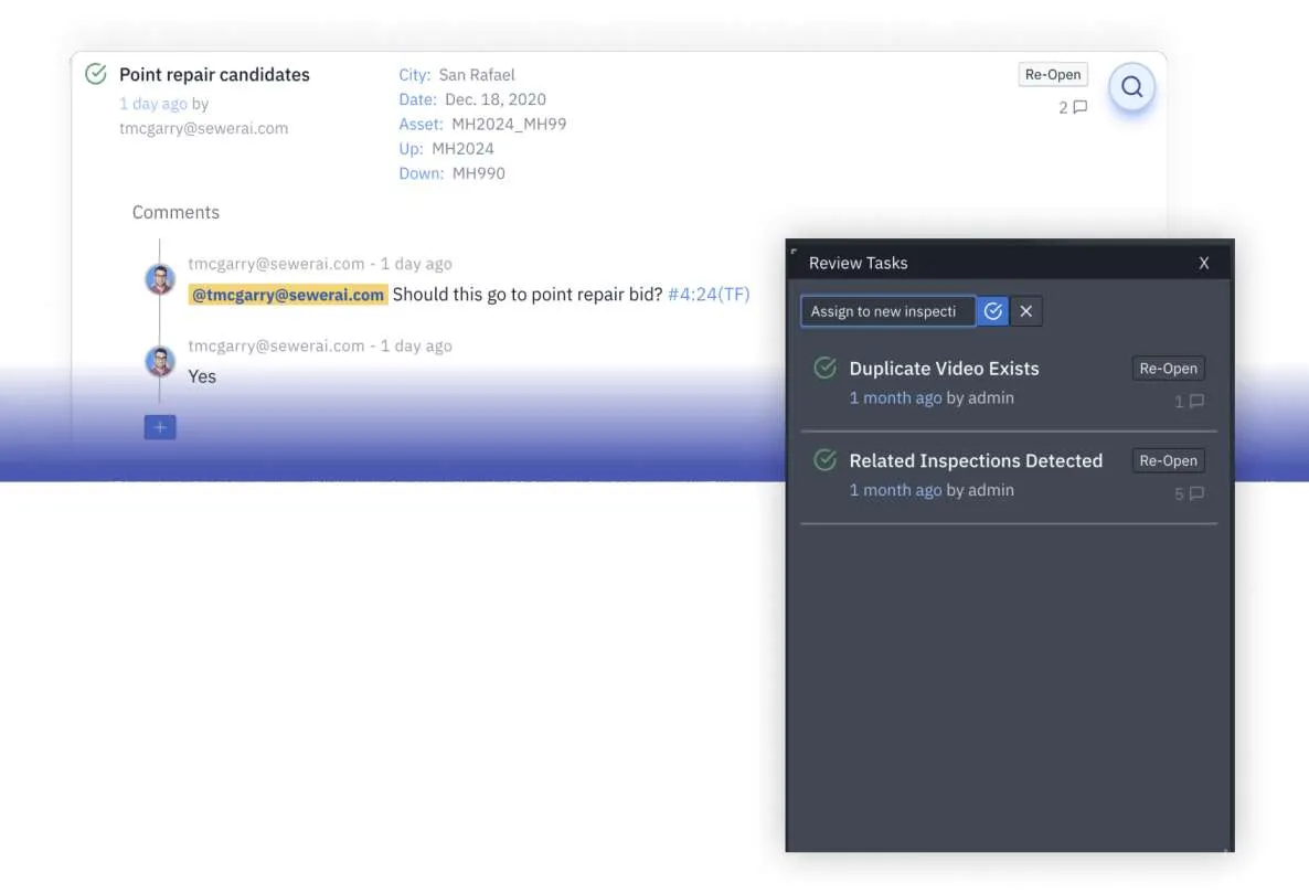 User interface showing point repair candidates with comments and a review tasks panel listing duplicate video and related inspections detected.