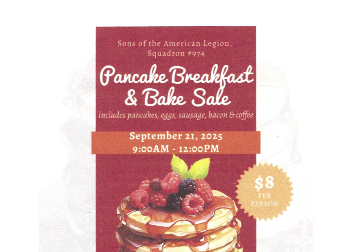 pancake flyer for $8 donation breakfast