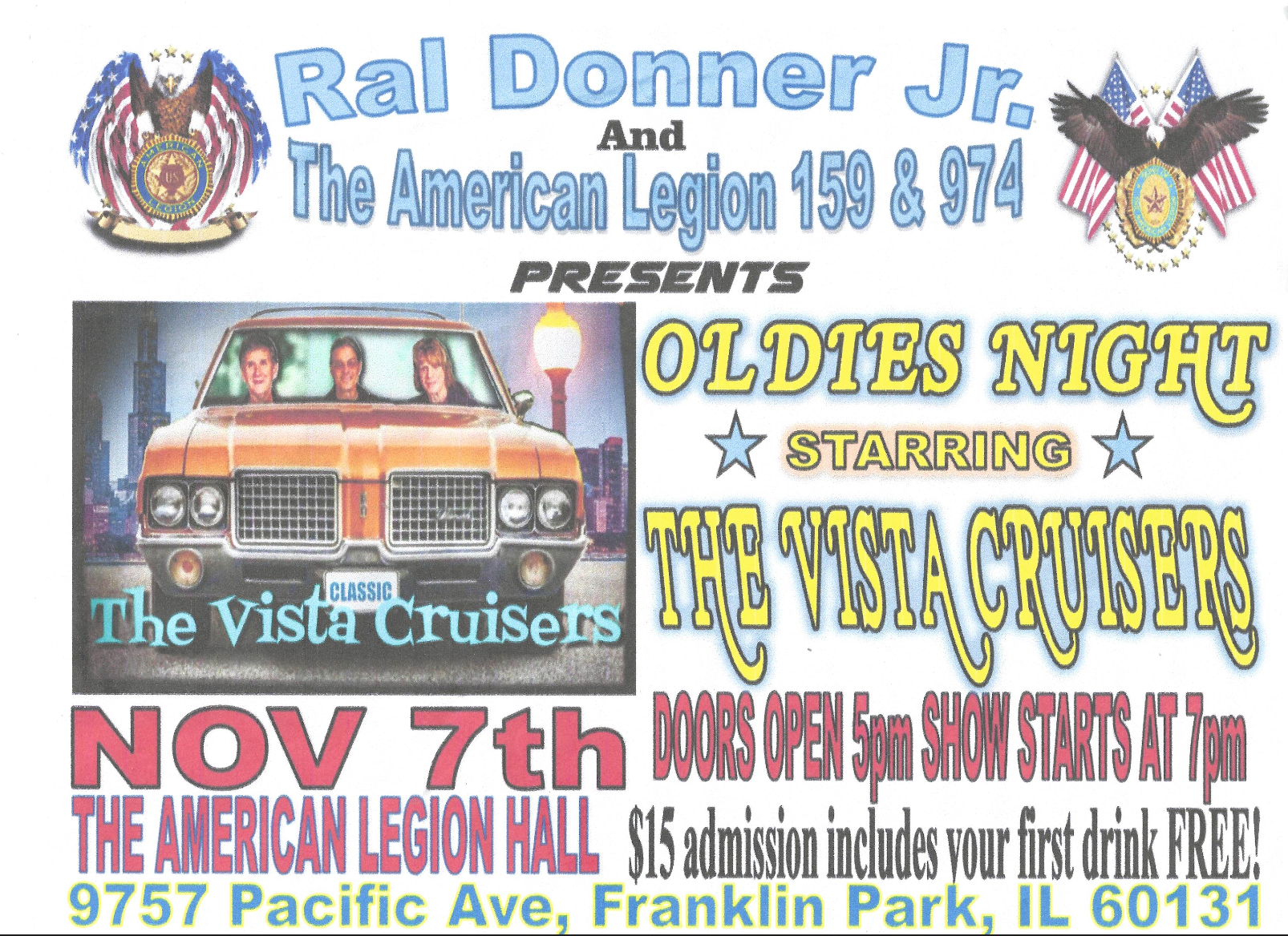 Poster for Oldies Night on Nov 7th at American Legion Hall, featuring a vintage car with The Vista Cruisers band, doors open 5pm, show at 7pm, $15 admission includes first drink free, located at 9757 Pacific Ave, Franklin Park, IL 60131.