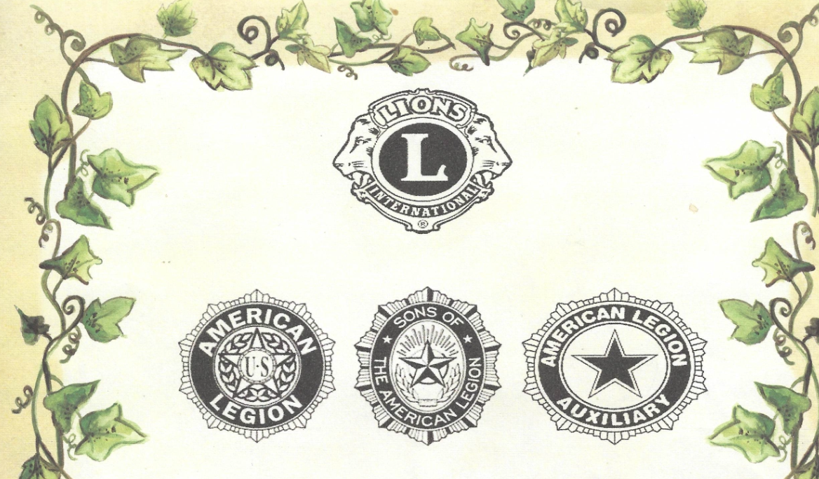Decorative header with ivy border featuring Lions International logo and emblems for American Legion, Sons of The American Legion, and American Legion Auxiliary