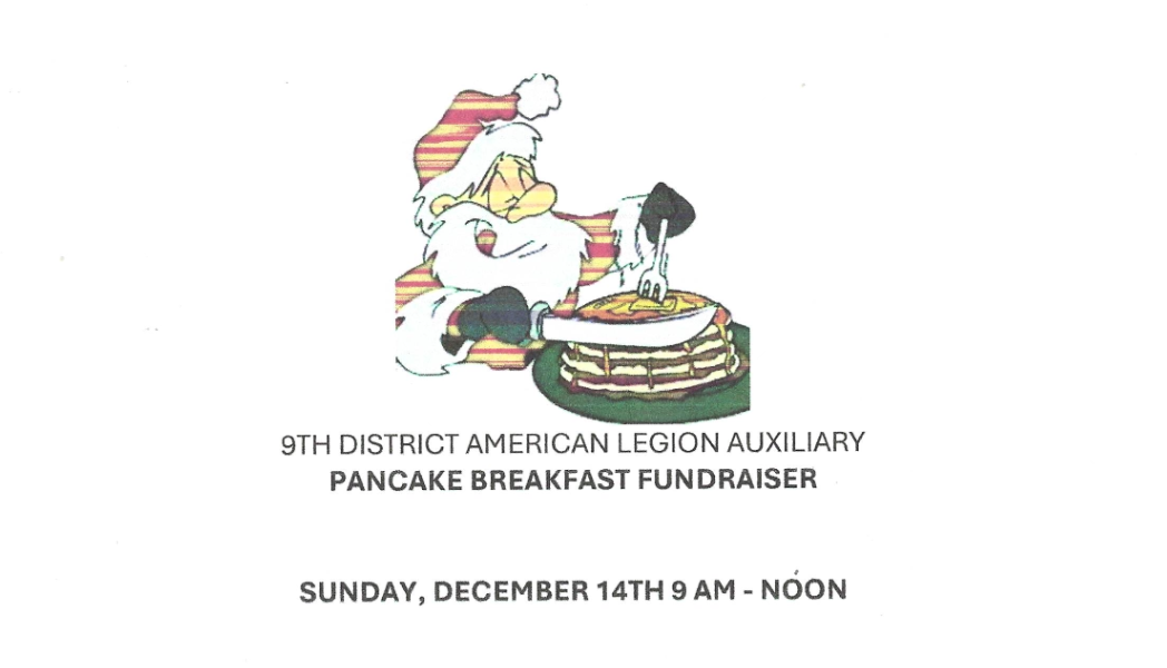 Cartoon Santa Claus pouring syrup on pancakes for 9th District American Legion Auxiliary Pancake Breakfast Fundraiser, Sunday December 14th 9 AM - Noon