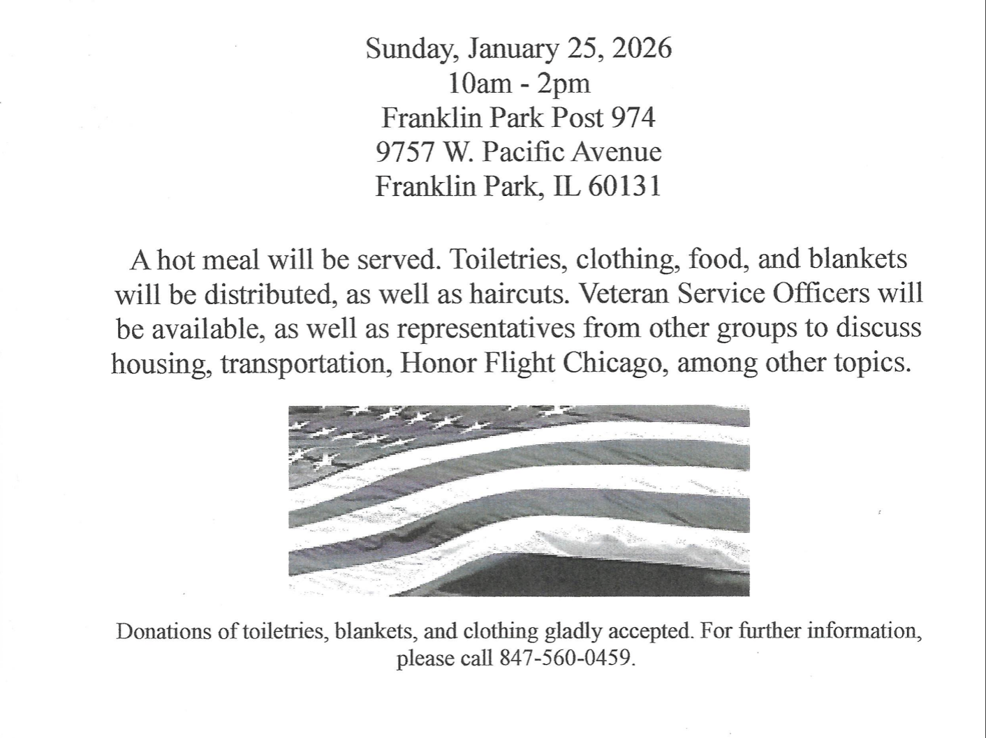Flyer for American Legion Post 974 veteran support event on Sunday, January 25, 2026, 10am-2pm at 9757 W. Pacific Avenue, Franklin Park, IL, offering hot meals, toiletries, clothing, blankets, haircuts, and resources; includes photo of snow-covered American flag.