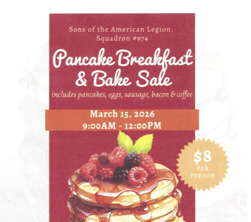 Stack of pancakes topped with syrup, raspberries, blackberries, and blueberries at the Sons of the American Legion Squadron #974 Pancake Breakfast on March 15, 2026.