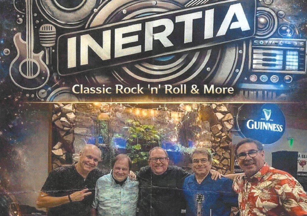Inertia Classic Rock 'n' Roll band event poster featuring five smiling musicians posing together. Friday, June 5, 7:00 PM–10:00 PM at American Legion Post 974, Franklin Park, IL. $15 donation to help vets, first drink free. www.dunkleystavern.com