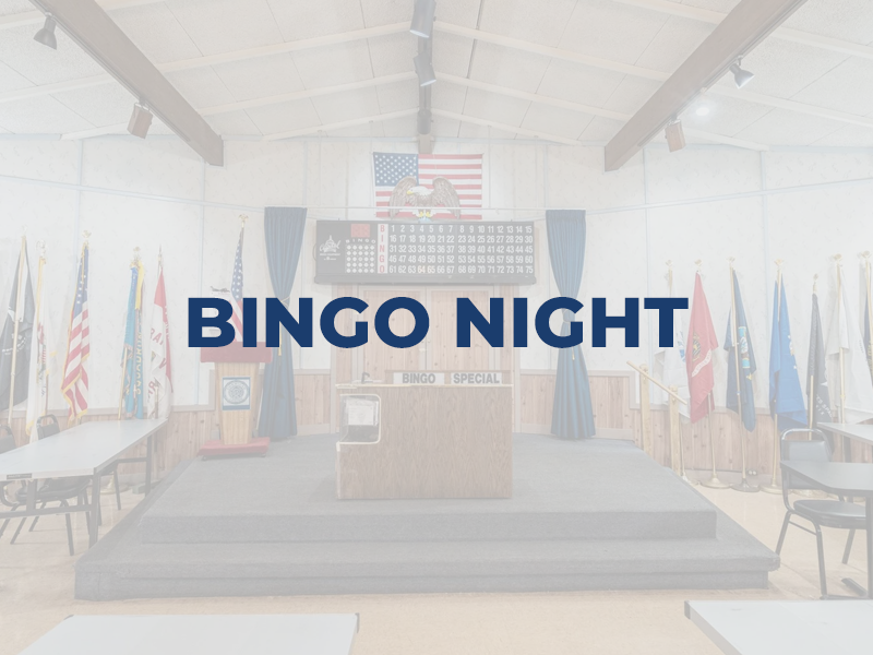 Bingo Night text overtop a faded image of the a stage in Post 974