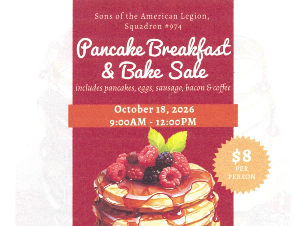 Stack of pancakes topped with syrup, raspberries, blackberries, and blueberries at the Sons of the American Legion Squadron #974Flyer for Sons of the American Legion Squadron #974 Pancake Breakfast & Bake Sale on October 18, 2026 from 9:00 AM to 12:00 PM. Includes pancakes, eggs, sausage, bacon and coffee for $8 per person. All proceeds benefit veterans and their families. Held at Franklin Park American Legion Post #974, 9757 Pacific Avenue, Franklin Park, IL 60131. Features a large stack of syrup-covered pancakes topped with fresh raspberries, blackberries and mint.
