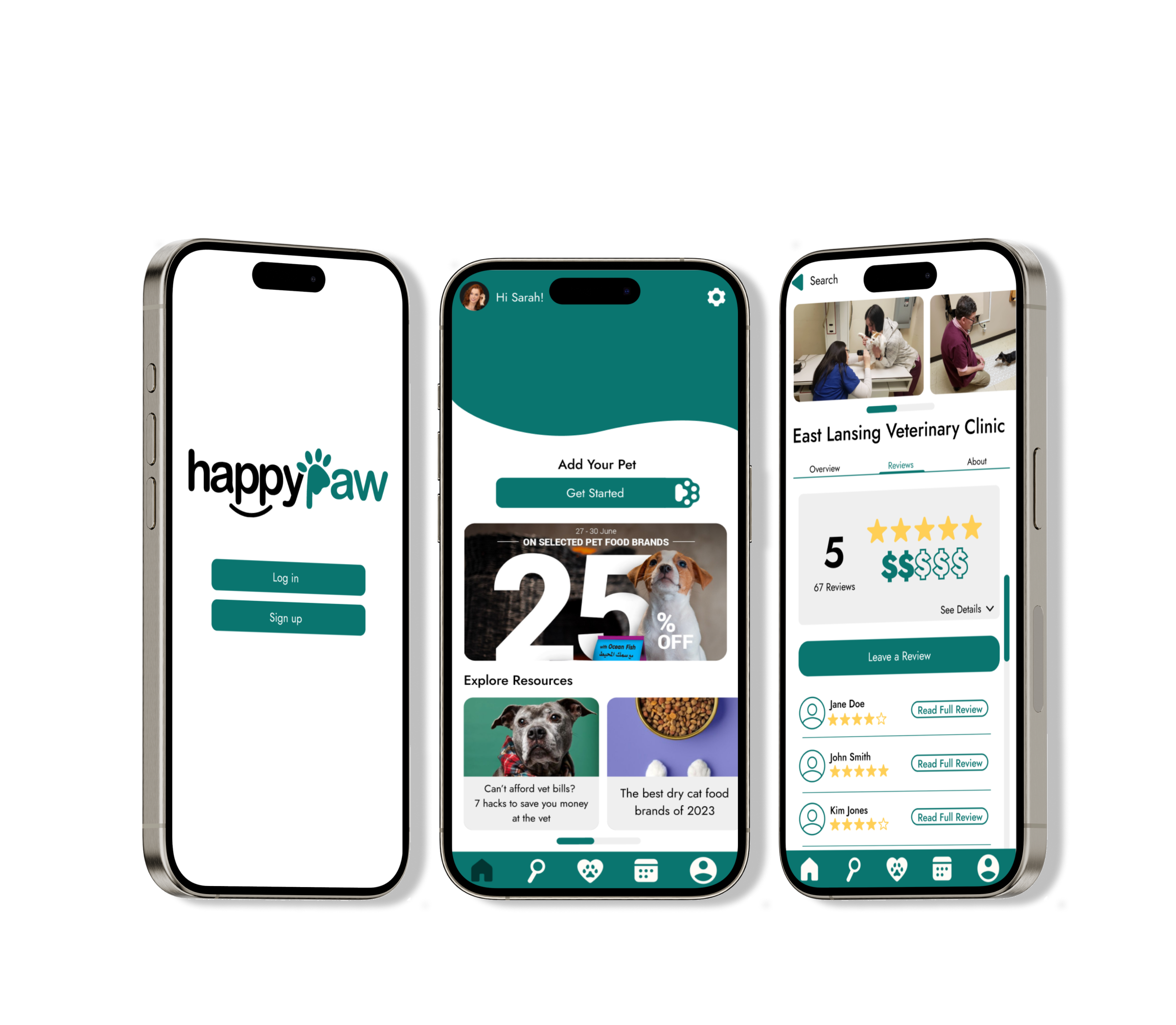 a photo of the happy paw app shown on 3 iphone screens