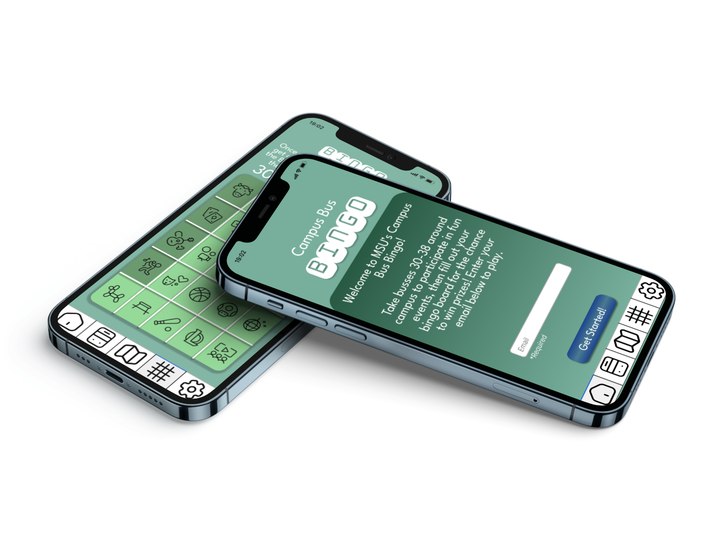 a photo of the bus bingo app shown on 2 iphone screens