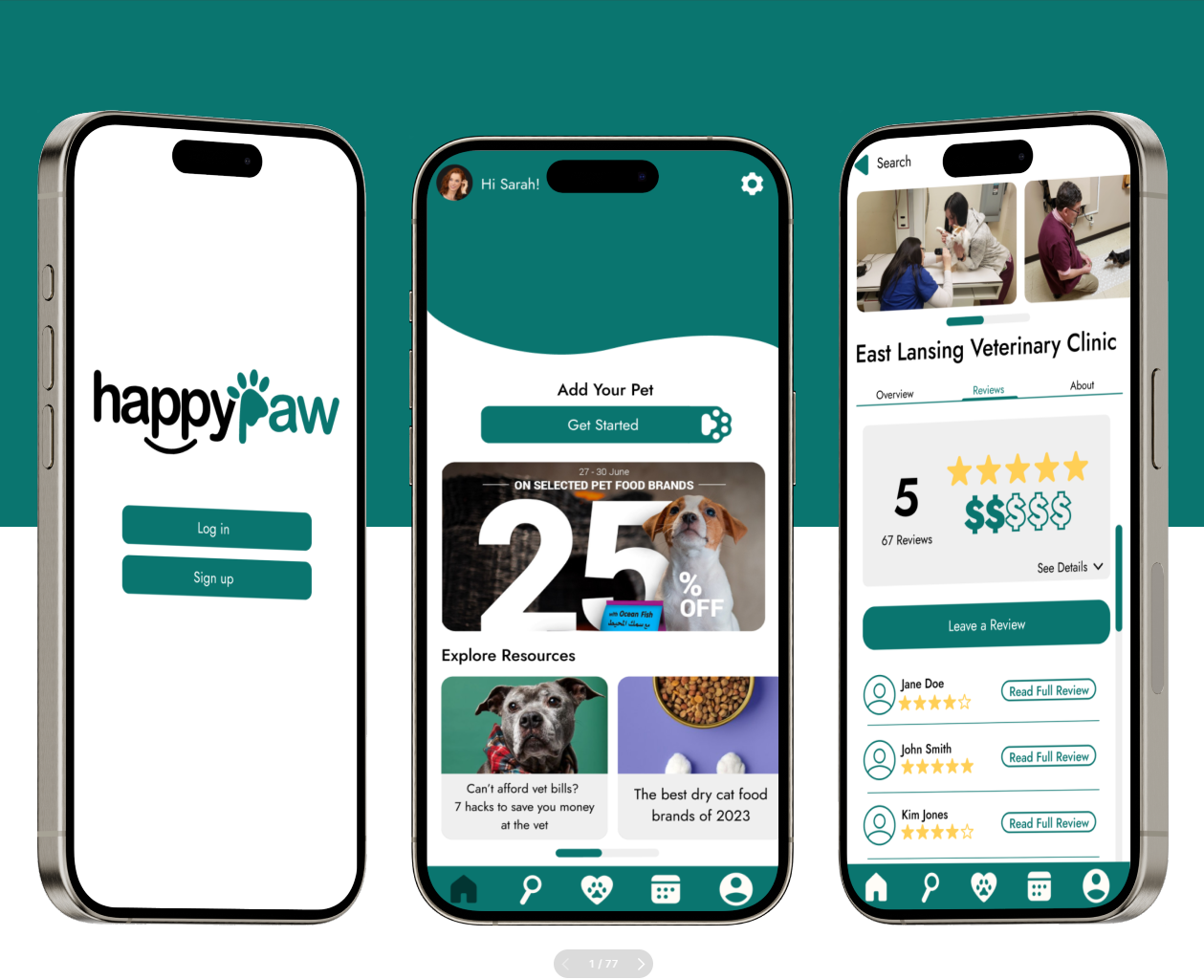 A mockup of the happy paw app shown on 3 iphone screens