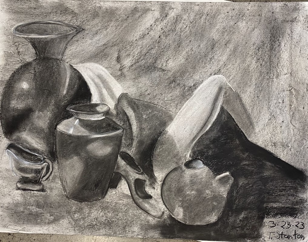 a charcoal drawing of vases