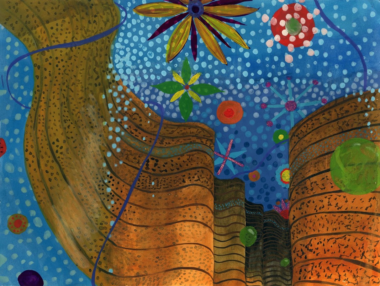 a gouache painting of an abstract canyon