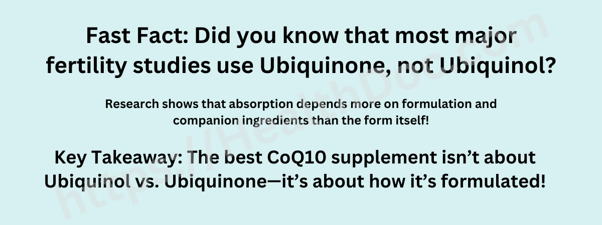 A callout box stating that most major fertility studies use the Ubiquinone form of CoQ10, and absorption depends more on formulation than the form itself.