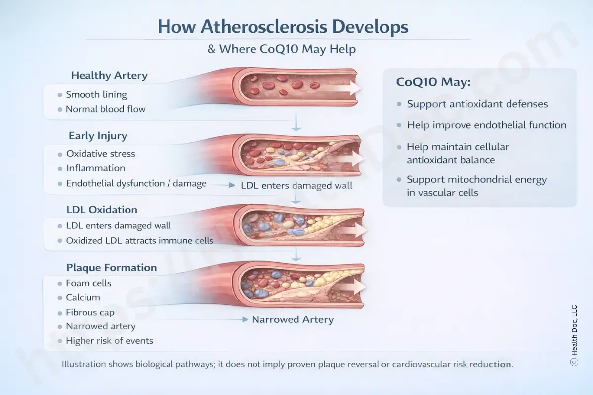 Diagram showing how coenzyme Q10 supports the heart through two connected roles: energy production and oxidative balance. On the left, food is converted in mitochondria through the electron transport chain to produce ATP that powers heart contraction. On the right, normal metabolism generates free radicals, which are managed by antioxidant systems, including CoQ10 in its ubiquinol form, helping protect cell membranes and mitochondria. CoQ10 is shown at the center, linking energy production and redox balance.