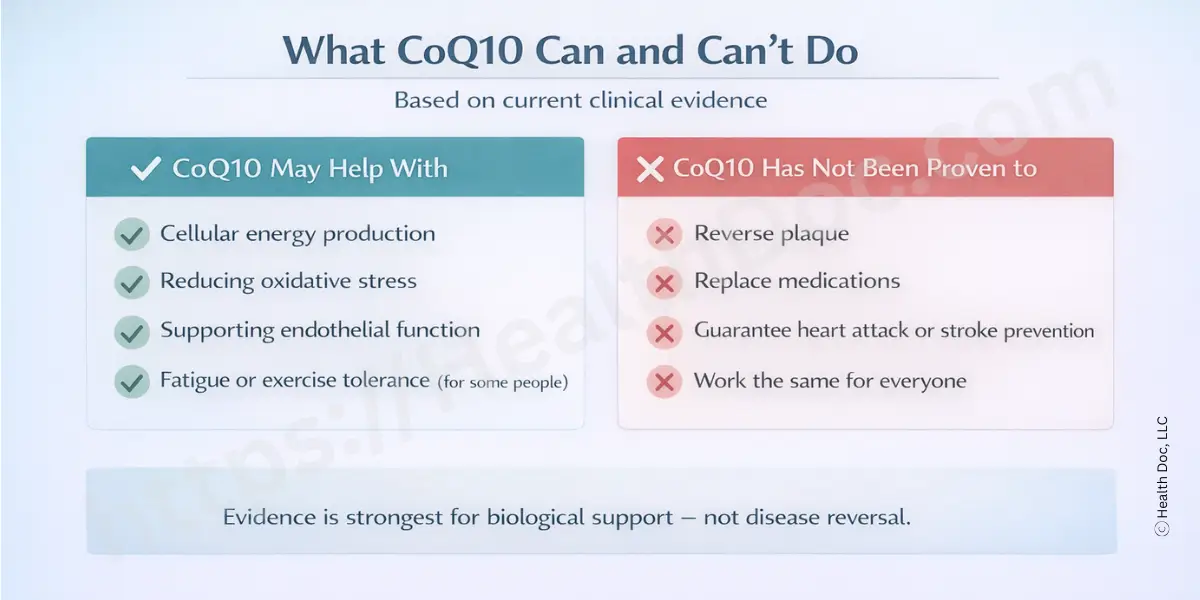 Infographic titled “Where the Evidence Is Strong—and Where It’s Still Emerging.” A horizontal gradient categorizes evidence for coenzyme Q10 across cardiovascular contexts. Under “Stronger Evidence,” chronic heart failure is listed as adjunct use. Under “Mixed or Modest,” blood pressure and exercise tolerance in chronic heart failure are listed. Under “Early or Theoretical,” atherosclerosis progression and arrhythmias are listed. A note at the bottom states that mechanistic plausibility does not guarantee clinical benefit.