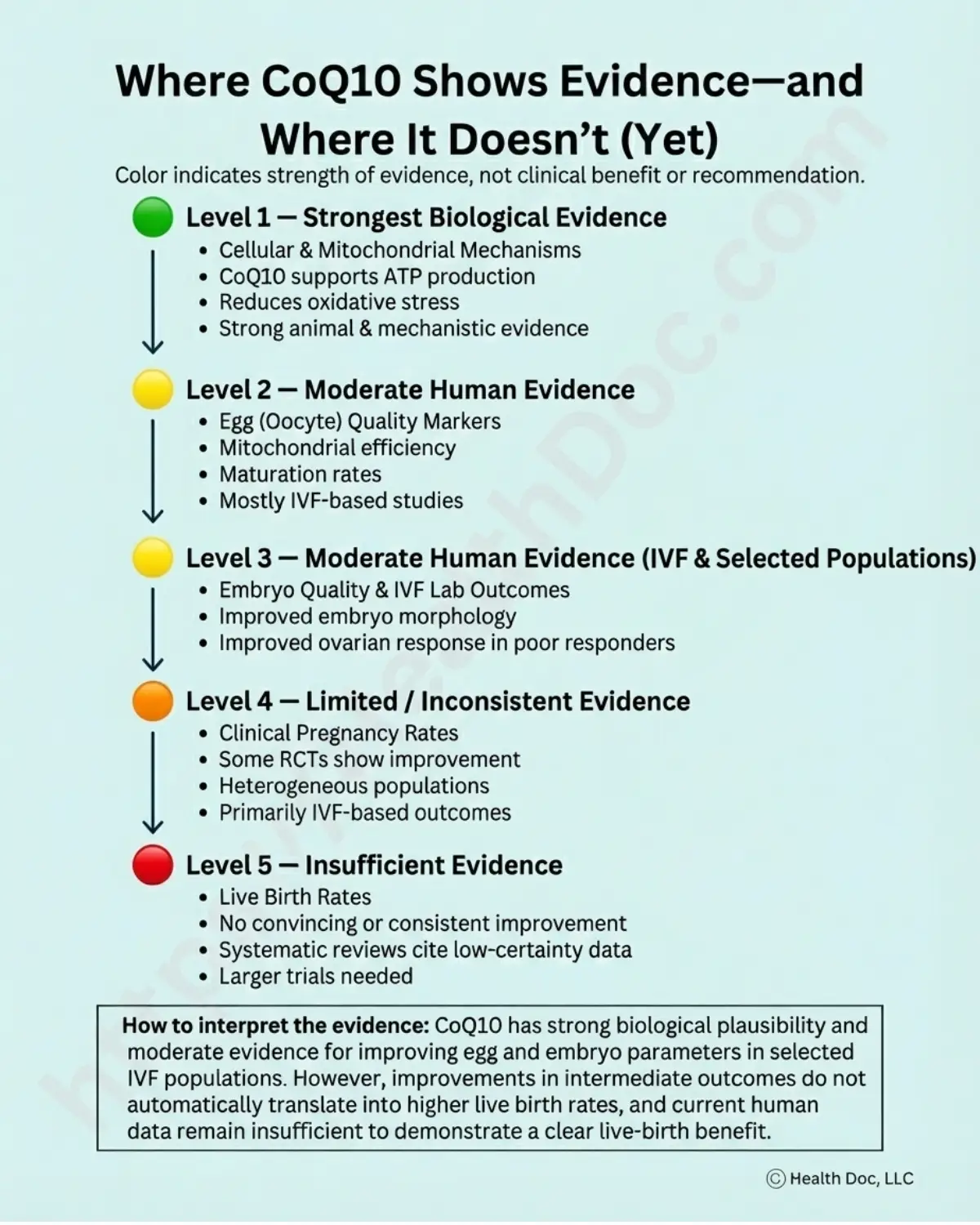 Infographic CAEQ2 goes here. Alt Text: Diagram explaining why mitochondria matter for egg quality. Panels show an egg cell containing mitochondria, mitochondria producing ATP for cellular energy, ATP supporting egg maturation and early embryo division, and CoQ10 acting within mitochondria to support energy production and antioxidant defense. Notes that cellular effects do not necessarily translate into improved pregnancy or live birth outcomes.