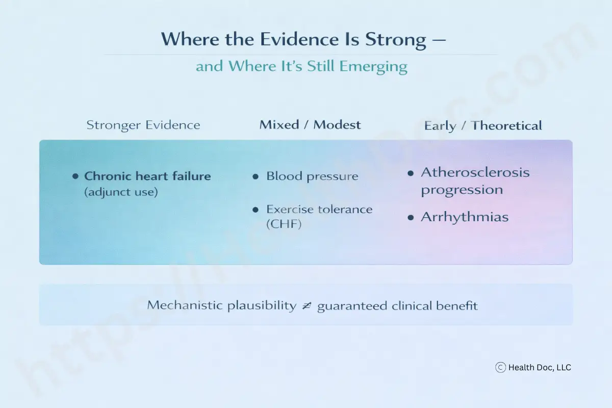 Comparison table titled “Ubiquinone vs Ubiquinol: Same Molecule, Different Roles.” The table compares the two forms of coenzyme Q10 by chemical state, main location, primary role, interconversion, and use in studies. Ubiquinone is shown as the oxidized form, primarily located in mitochondria and involved in energy transfer (ATP), and used in most historic heart trials. Ubiquinol is shown as the reduced form, found mainly in blood and tissues, involved in antioxidant defense, and used in fewer studies. Both forms are shown to convert back and forth in the body, with a note that the body uses and interconverts both as needed.