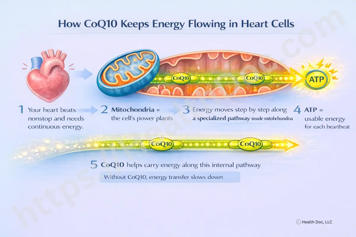 Educational diagram explaining how CoQ10 helps power heart cells. The heart needs nonstop energy, which is generated inside mitochondria. Within the mitochondria, energy is transferred step by step along a specialized internal pathway. CoQ10 acts as a carrier that helps keep this energy moving efficiently, leading to the production of ATP, the usable energy that fuels each heartbeat. Reduced CoQ10 slows energy transfer and lowers ATP output.