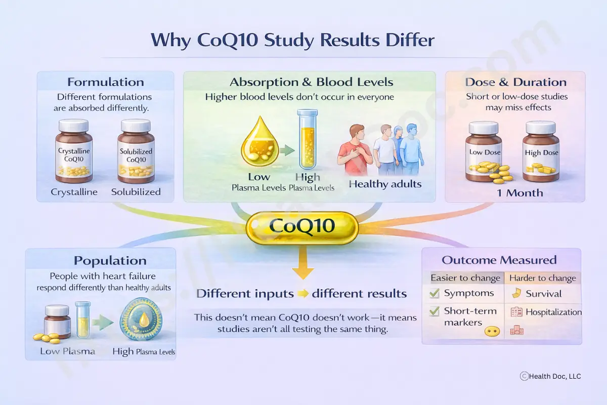 Educational diagram illustrating why CoQ10 study results vary. CoQ10 appears at the center, with arrows connecting to key study design factors: formulation differences that affect absorption, variability in absorption and blood levels between individuals, differences between study populations such as heart failure patients versus healthy adults, variation in dose and duration of supplementation, and differences in outcomes measured. The graphic distinguishes outcomes that are easier to change, such as symptoms and short-term biomarkers, from outcomes that are harder to change, such as survival and hospitalization. The overall message is that different study designs test different aspects of CoQ10’s effects, leading to different results.
