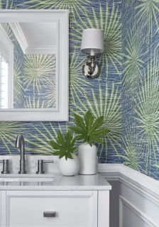 Freshly installed palm frond wallpaper in a Maui powder room