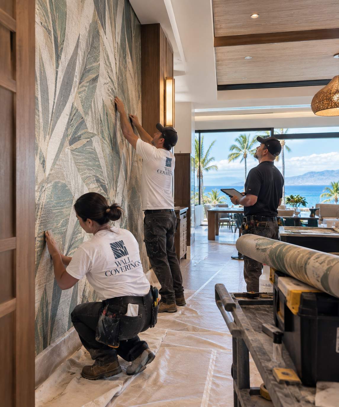 Maui Wall Coverings installation team working on a wallcovering project