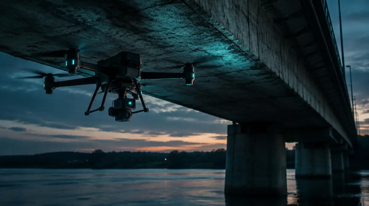 Inspektionsdrohne unter einer Betonbrücke in der Dämmerung