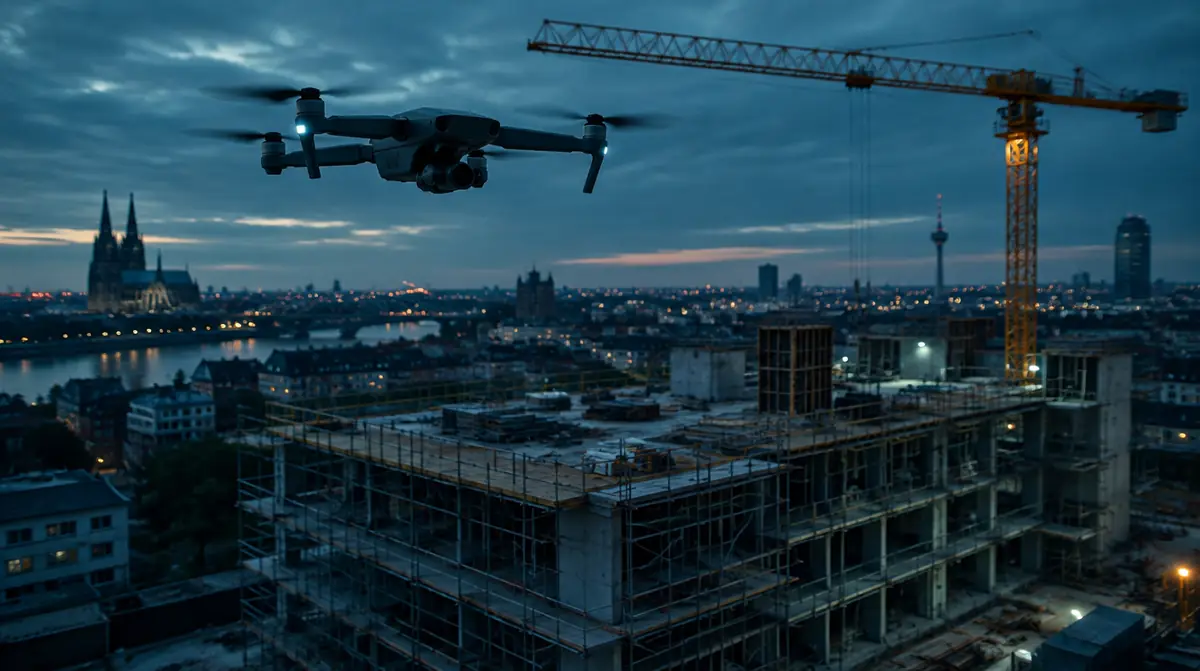 Drohne über einer innerstädtischen Baustelle zur blauen Stunde