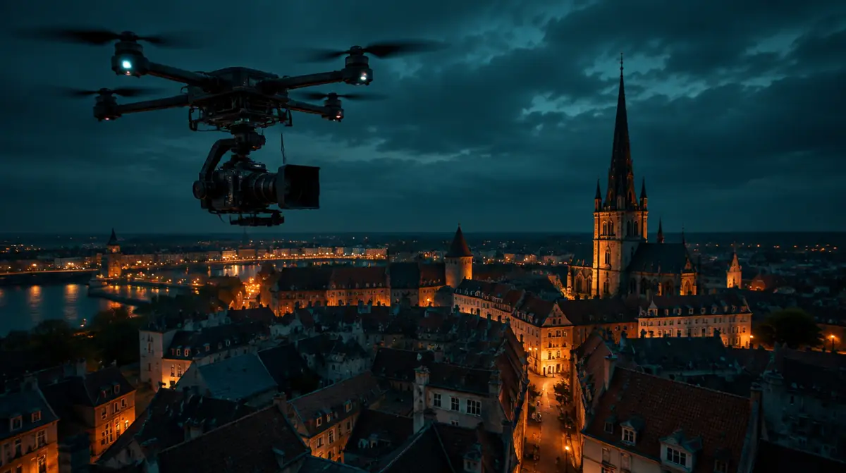 Kameradrohne über einer Altstadt bei Nacht