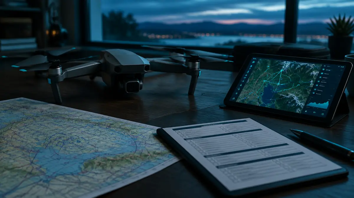 Drohne mit Luftfahrtkarte, Checkliste und Tablet auf einem Schreibtisch