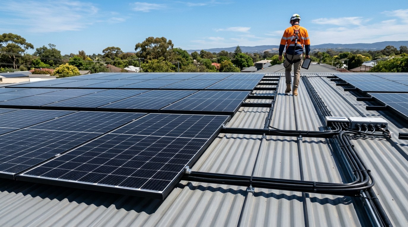 Installer inspecting a neat solar panel installation on a metal roof