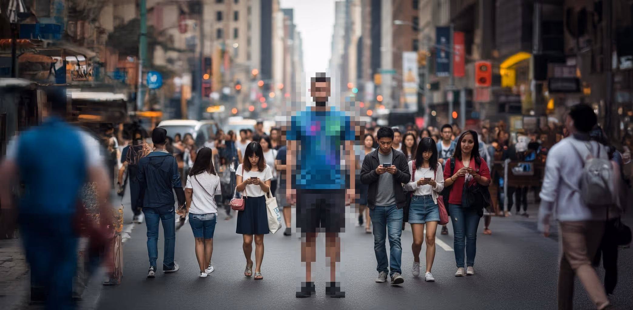 Crowded city street with a pixelated person standing among people walking and using smartphones.
