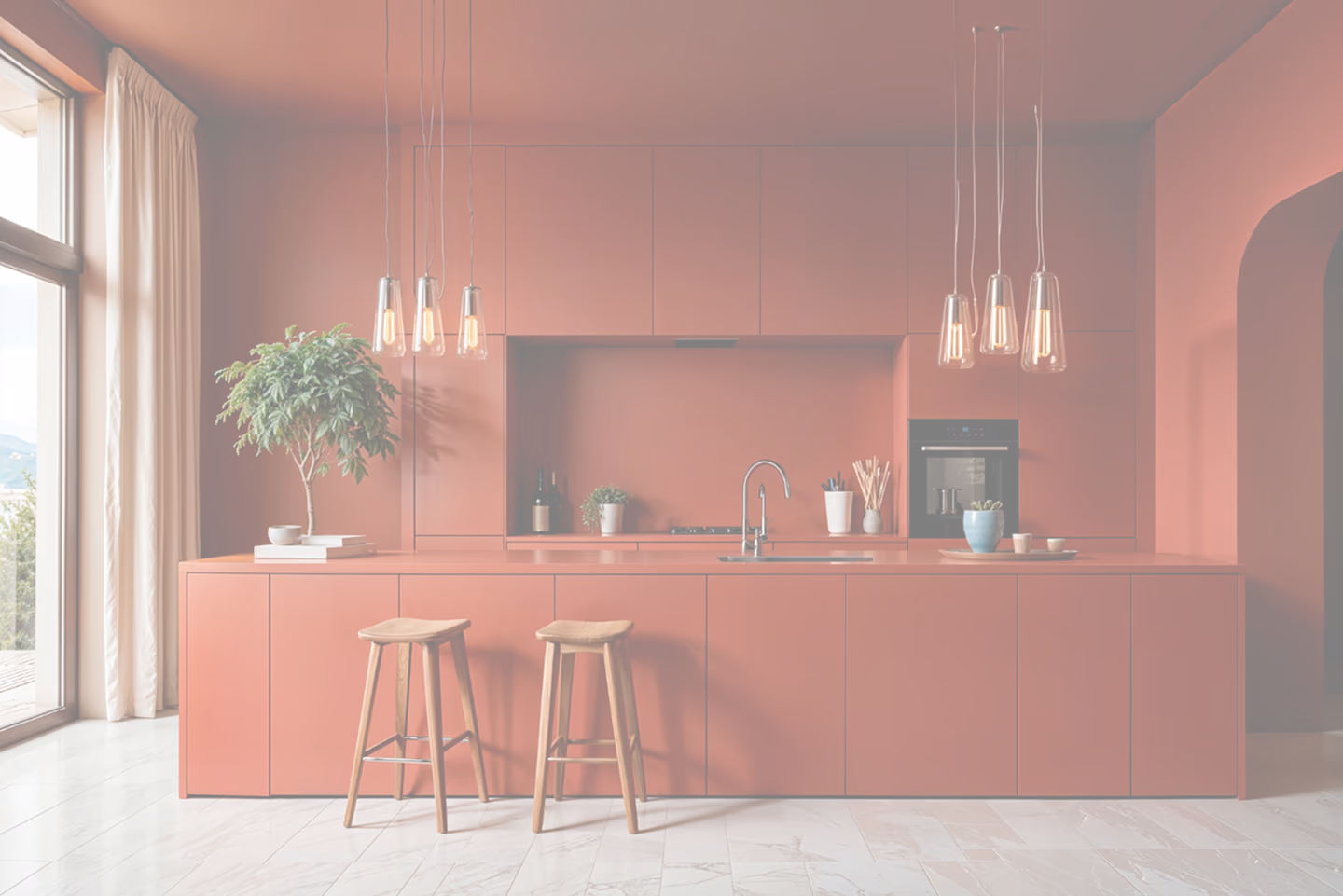 A vibrant, modern kitchen with terracotta-colored cabinetry, a large island, and pendant lights, representing a residential space where clear agreements can prevent a rental dispute in Dubai.