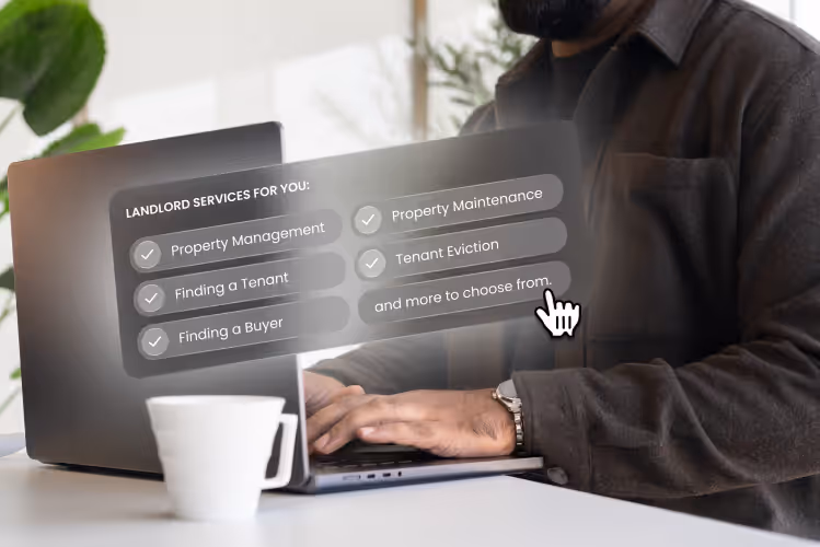 Digital interface showing BSO landlord services, including tenant acquisition. Menu showing BSO Real Estate services: property management, maintenance, tenant eviction, and tenant or buyer search.