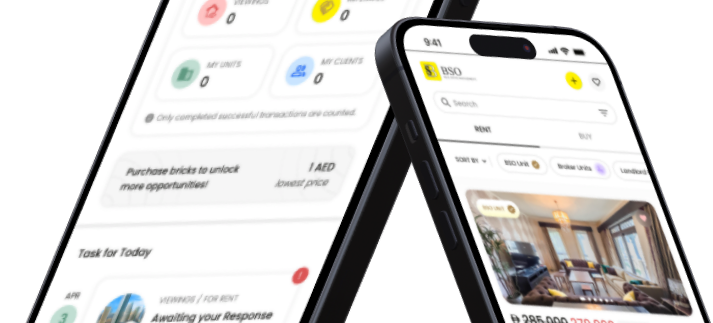BSO Real Estate app interface with property booking options. Easily browse and book Dubai properties through the BSO Real Estate mobile app with verified listings.