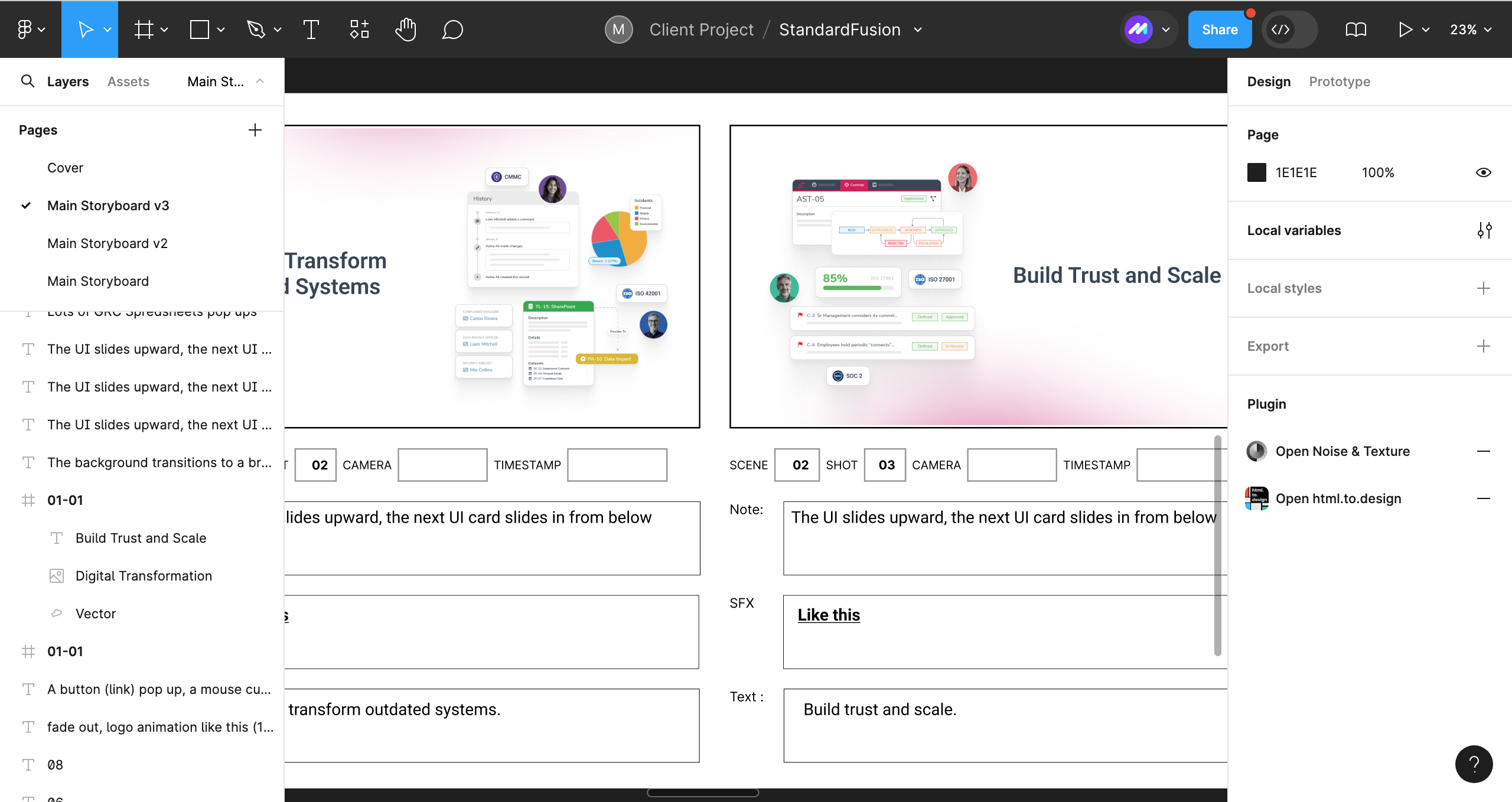 Design interface showing two storyboard layouts for a digital transformation project. The left side features various UI elements like charts and conversation pop-ups with the text 'Transform Outdated Systems.' The right side displays a UI dashboard emphasizing 'Build Trust and Scale' with colorful graphs and user interaction elements.