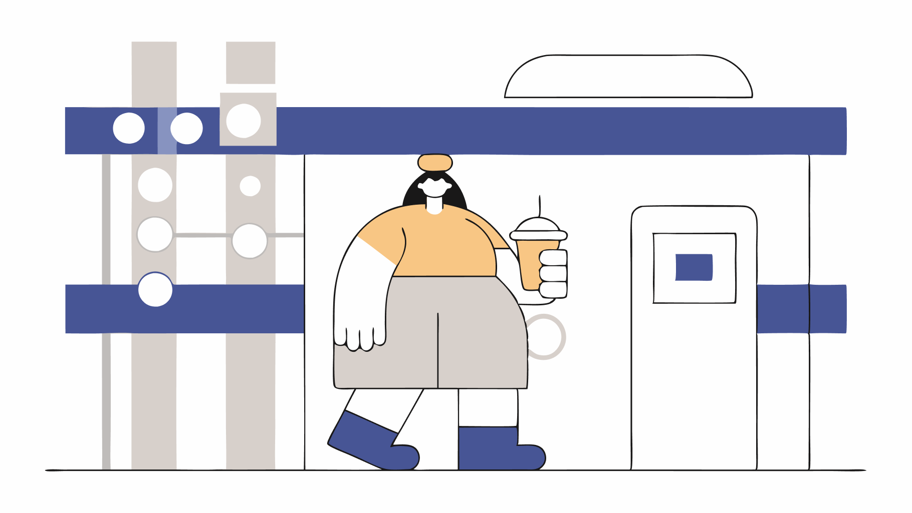 Illustration of a large, cheerful character walking in front of a simple, modern storefront while holding a drink. The character has a mustache and wears a short-sleeved orange shirt, shorts, and blue shoes. The background features geometric shapes in muted colors, including blue and gray, creating a vibrant street scene.