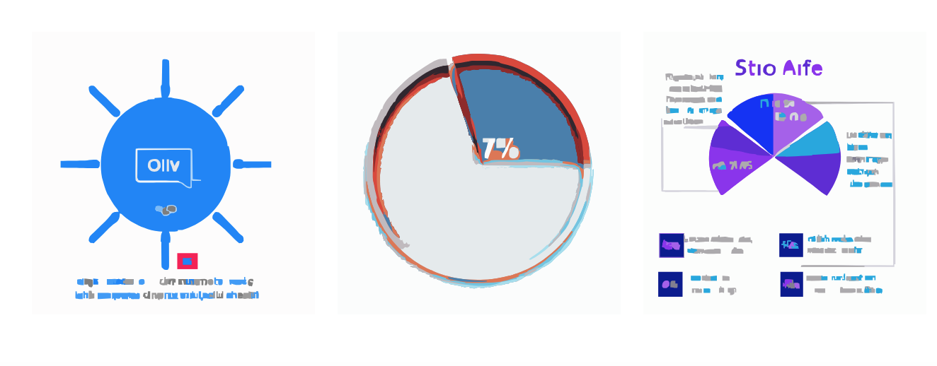 Three different data visualization graphics. The left graphic features a blue circular logo labeled 'Olliv' at the center with six directional arrows pointing outward, each containing icons or labels. The center graphic displays a two-tone pie chart with a small wedge representing 7%, using orange and blue colors. The right graphic includes a multi-segment pie chart in shades of blue and purple with labels, alongside a table summarizing related data points.