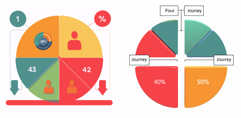 Comparison of two pie charts. The left chart, divided into four segments in orange, green, yellow, and blue, highlights figures 43 and 42, with a central gauge displaying '45%.' The right chart features four segments labeled 'Journey' and 'Four,' colored in red, orange, teal, and dark green, showcasing percentages of 40% and 50% for each segment."