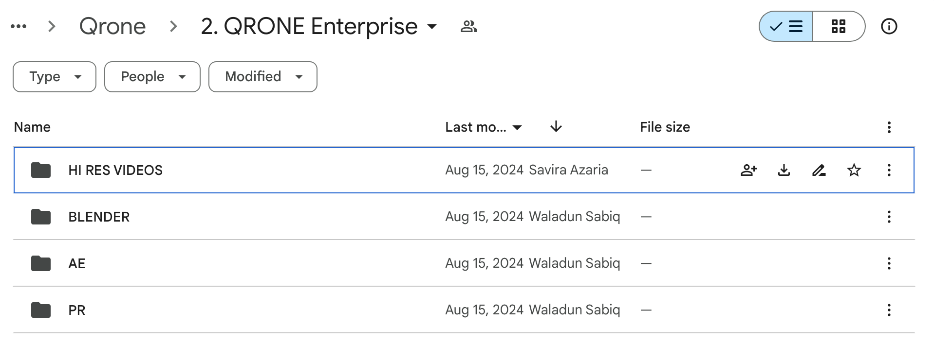 Screenshot of a file management interface titled '2. QRONE Enterprise.' The display shows a list of folders including 'HI RES VIDEOS,' 'BLENDER,' 'AE,' and 'PR.' Each folder entry includes details such as the last modified date and the name of the person who last modified it. The 'HI RES VIDEOS' folder is highlighted, indicating recent activity. The interface features options for sorting by type, people, and modified date, along with icons for sharing, downloading, and editing files.