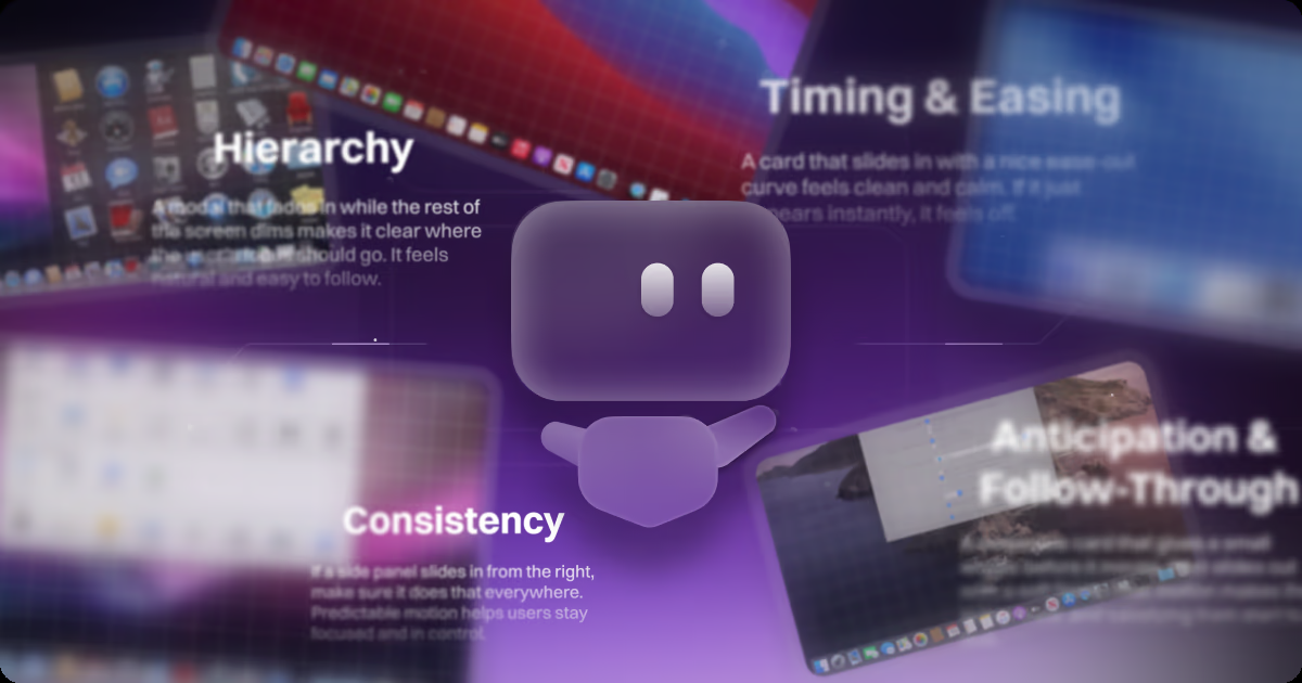 A visually appealing graphic illustrating principles of user interface design, featuring keywords such as "Hierarchy," "Consistency," "Timing & Easing," and "Anticipation & Follow-Through." The background includes blurred images of different app interfaces, while a character icon is prominently displayed in the center. The overall color scheme is purple and futuristic, enhancing the design theme.