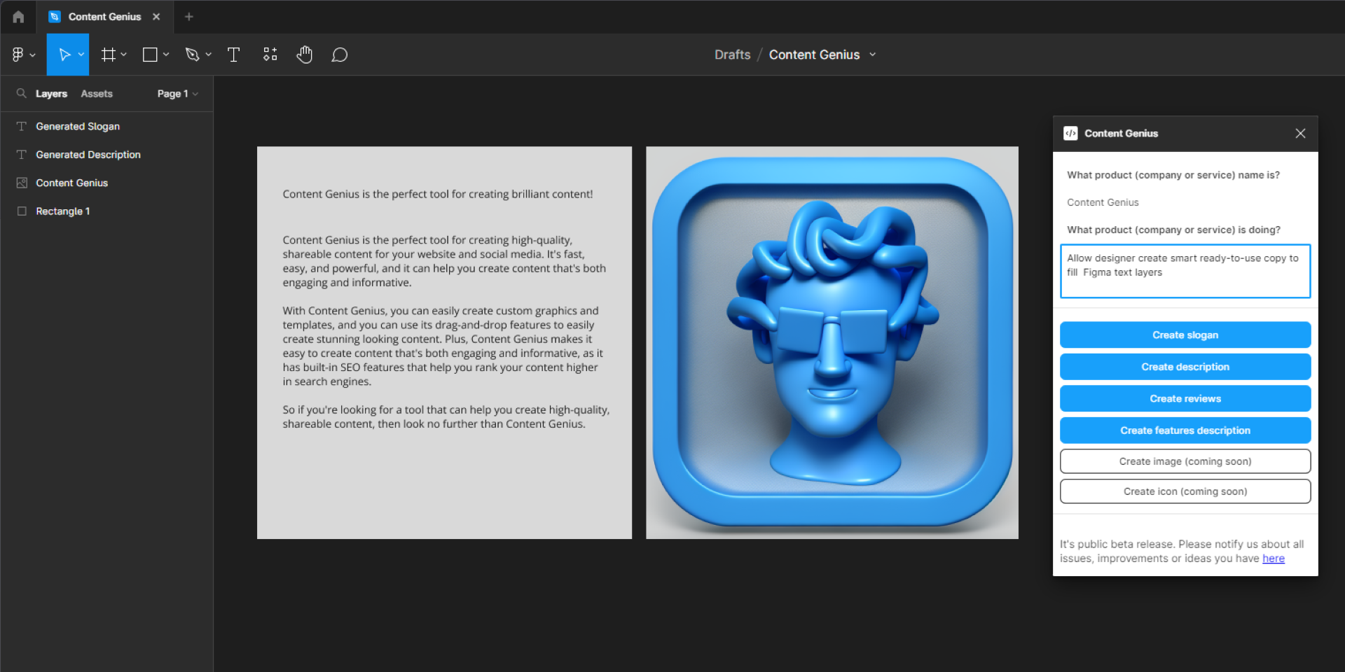 A blue 3D icon of a person with glasses and curly hair, representing the "Content Genius" tool for creating high-quality, shareable content. The interface features descriptions and options to generate slogans and descriptions, showcasing a user-friendly design for content creation.