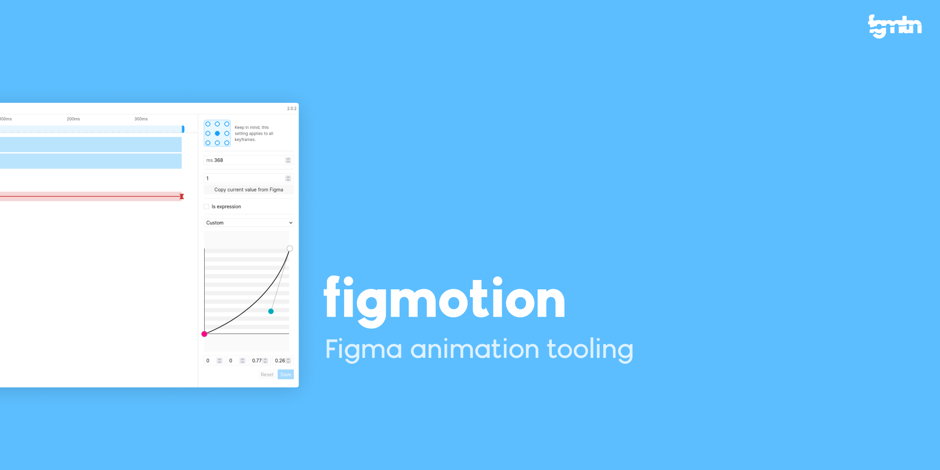 Figmotion interface showcasing animation tooling for Figma. The panel displays various options and settings for creating animations, with a blue background and clear labeling of features.