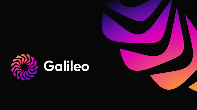 A vibrant graphic featuring the "Galileo" logo on a black background, accompanied by a colorful design of swirling shapes in shades of purple, pink, and orange. The logo consists of a stylized spiral design, embodying a modern and dynamic aesthetic.