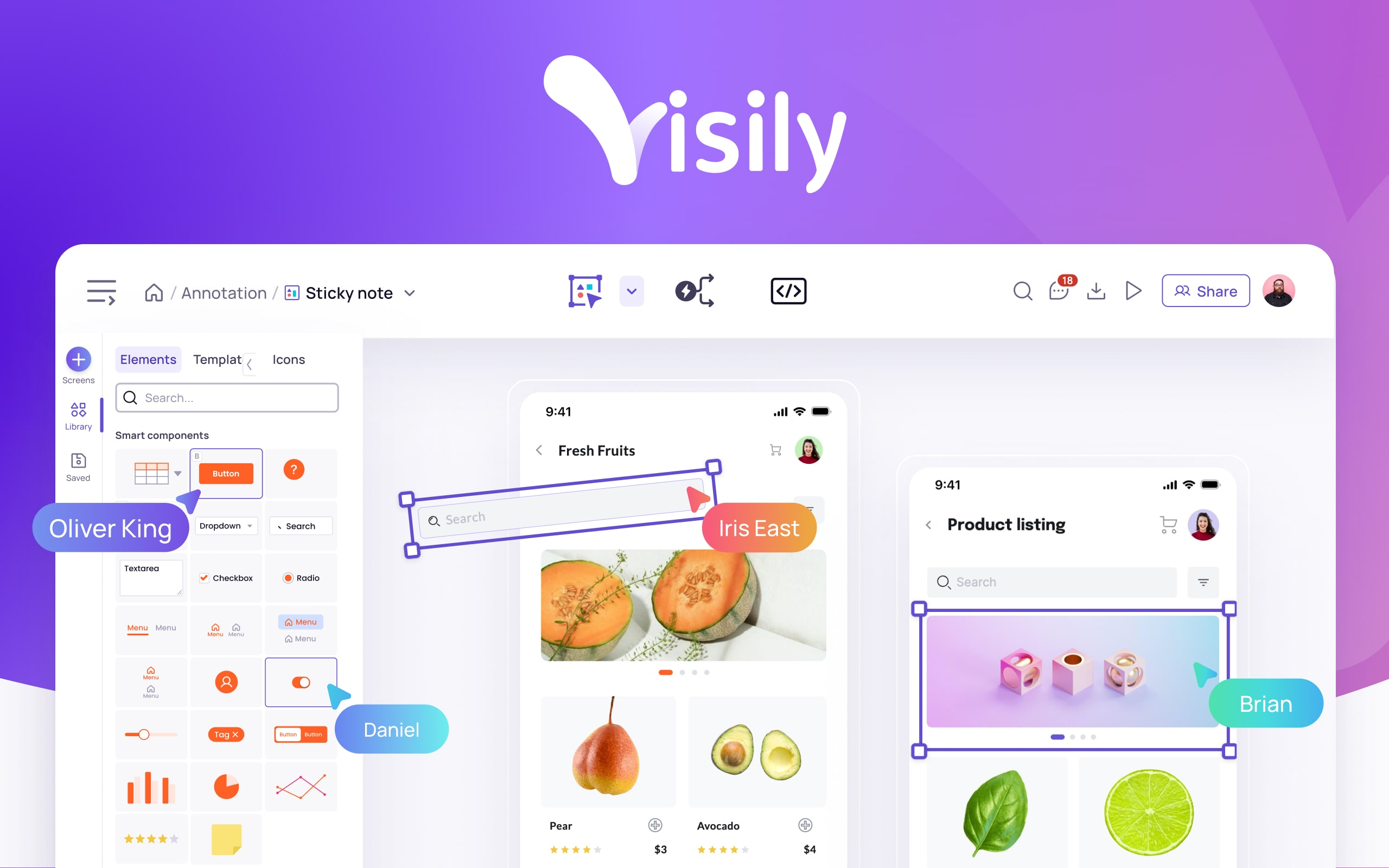 A screenshot of the Visily application interface, showcasing a user-friendly design for product listing and annotations. The left sidebar includes elements like buttons, dropdowns, and icons. In the center, there are images of fresh fruits with labels identifying users: Oliver King, Iris East, and Brian. The background features a gradient from purple to white, branding Visily prominently at the top.