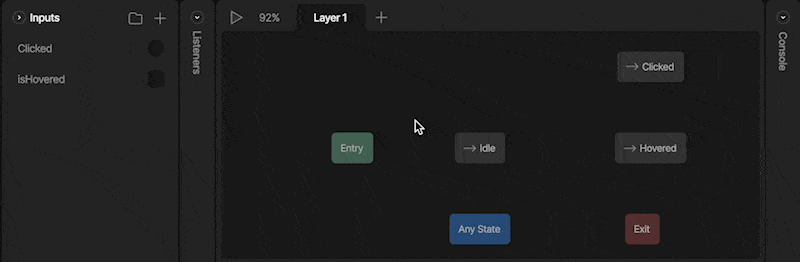 Animation of a state machine interface, showcasing various states like "Entry," "Idle," "Hovered," "Clicked," and "Exit." Arrows indicate transitions between states, with the interactive elements represented in distinct colored boxes against a dark background. The interface includes sections for "Inputs" and "Listeners" on the left side.