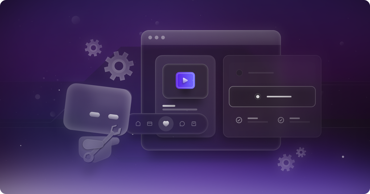 A whimsical, purple-themed illustration featuring a robot character holding a wrench next to a computer interface displaying various UI elements, including a play button and menu sliders, with gear icons in the background, suggesting a focus on technology and user interface design.