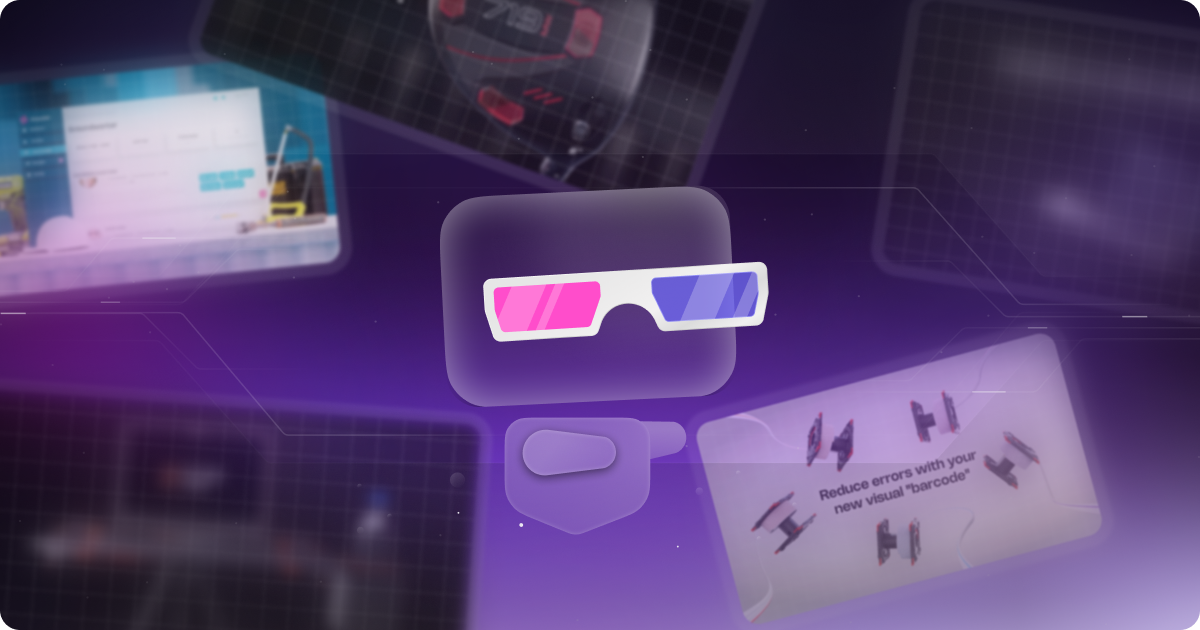 Futuristic digital interface with 3D glasses on a computer monitor, floating app windows, and a card reading 'Explore with your new assistant' featuring Star Wars-inspired ships, set against a glowing purple background for AI and VR exploration.