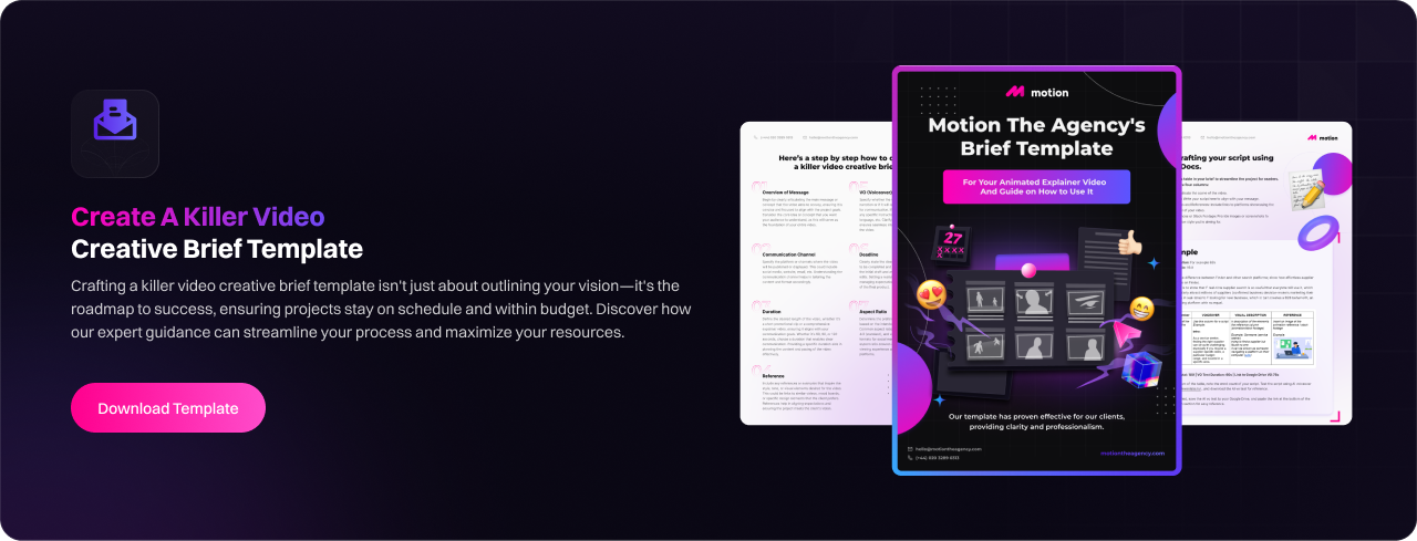 Creative brief template for video production by Motion Agency. The image showcases a visually appealing design featuring a downloadable template, highlighting key elements for crafting a successful video project. Includes guidance on project management, communication channels, and resource maximization.