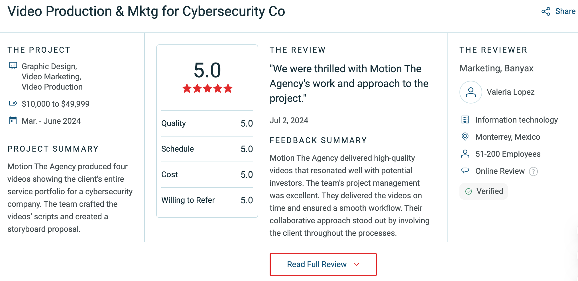 A client review for Motion The Agency's video production and marketing services for a cybersecurity company. The review highlights a perfect rating of 5.0 stars across quality, schedule, cost, and willingness to refer. The reviewer, Valeria Lopez from Banyax, praises the agency's high-quality videos that resonated with potential investors and commends their excellent project management and collaborative approach. The review date is July 2, 2024, and includes a prompt to 'Read Full Review.
