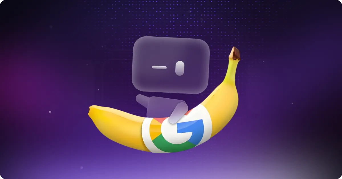3D purple chatbot character riding a large banana wrapped with a Google logo, set against a dark purple dotted gradient background